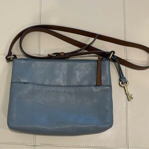 Fossil Slate Blue Crossbody Bag with Brown Strap